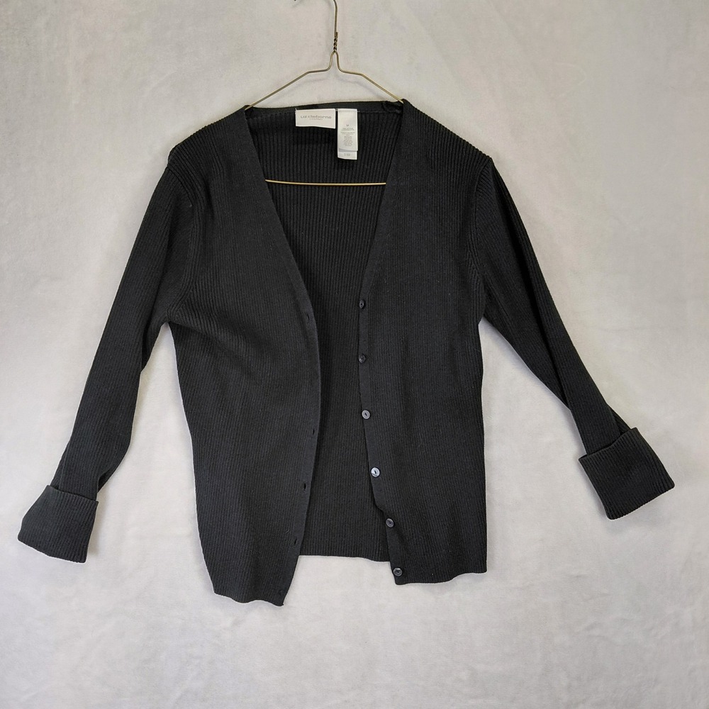 Liz Claiborne Lizsport Black Ribbed Cotton V-Neck Button Cardigan Sweater Medium